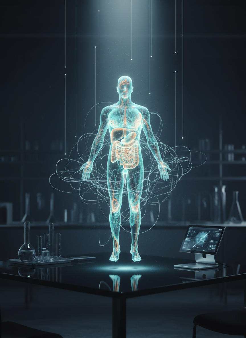 A dramatic cinematic close-up of a transparent, holographic whole-body bioimpedance tissue map floating above a sleek black glass table in a dimly lit research lab. The semi-transparent body silhouette is rendered in luminous gradients of cyan, teal, and amber, with distinct organs and tissues outlined as functional conductivity patterns rather than anatomy slices. Around the hologram, thin filaments of light represent AI networks performing real-time reconstruction, connecting to a minimal, unbranded silver workstation. Narrow beams of cool white light from above catch faint mist in the air, while the background fades into a soft bokeh of lab equipment and dark cabinetry. Framed using the rule of thirds with a shallow depth of field, the mood is analytical yet visionary, highlighting radiation-free, multimodal functional mapping with cinematic realism.