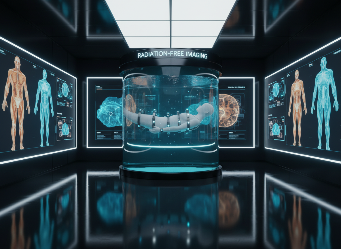 A sleek, futuristic immersion bioimpedance imaging chamber occupies the center of a dark, high-tech clinical suite, its transparent cylindrical tank filled with crystal-clear water faintly tinged aqua. Within the chamber, a minimalist, non-human mannequin form made of matte white composite material is suspended weightlessly, ringed by slender metallic electrode bands and subtle sensor arrays. Around the room, large wall-mounted displays show glowing whole-body functional tissue maps in rich blues, teals, and ambers, emphasizing radiation-free imaging. Cinematic, cool-toned overhead lighting and soft floor uplights carve crisp reflections on polished black surfaces, creating a precise, confident atmosphere. Shot at eye level with a wide-angle lens, the composition emphasizes depth and symmetry, with photographic realism and a clean, cinematic aesthetic that communicates cutting-edge, AI-powered precision medicine.