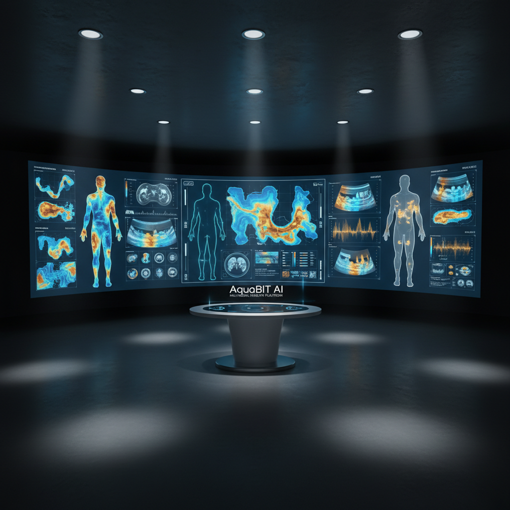 An expansive, cinematic bird’s-eye view of a precision-medicine command center, dominated by a curved, wall-to-wall display showing synchronized panels of whole-body bioimpedance maps, MRI outlines, and ultrasound silhouettes seamlessly fused. Each panel glows with scientifically accurate, color-coded functional tissue maps in cool blues and warm golds, conveying subtle physiological differences rather than anatomical cuts. In the center foreground, a single unbranded, matte-white central console with gesture controls faces the display, hinting at AI-guided decision support without showing any humans. Overhead spotlights cast soft pools of light onto a matte graphite floor, while the rest of the room remains in shadow, evoking focus and discretion. Shot with a wide cinematic lens, the composition emphasizes scale and integration, ideal for an investor-focused overview of AquaBIT AI’s multimodal platform.
