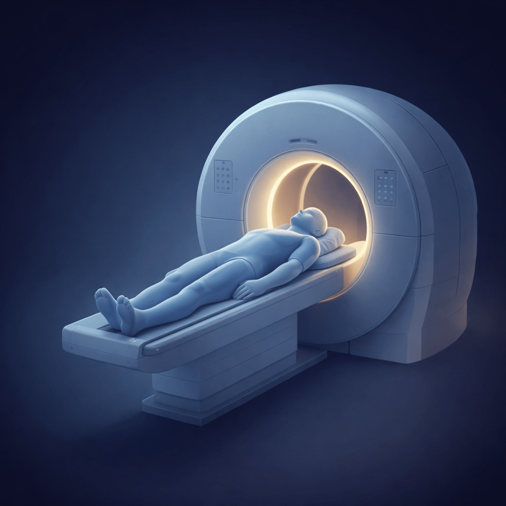 Advanced cancer imaging system showing a person in a scanning device with real-time monitoring and non-ionizing technology features.