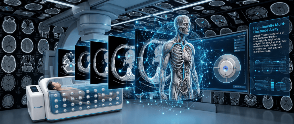 Conceptual AquaBIT water-assisted bioimpedance imaging system with the patient's head above water